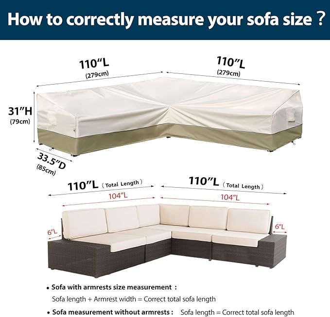Outdoor Sectional Cover-V-Shaped Sofa Patio Furniture Covers Waterproof Rip-Stop Anti-UV 600D Heavy Duty Outdoor Couch Cover with 3 Air Vents, 110''L （110''L） 33.5''D 31''H, Light Green
