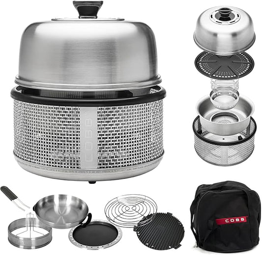 COBB Stainless Steel Smokeless Portable Table Top Charcoal Grill with Griddle Pan, 10 in 1 BBQ Grill for Camping, Boats & Rv, Outdoor Kitchen In A Box (Accessories Included)