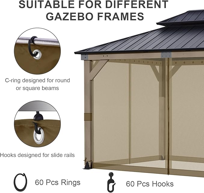 BPS 10' x 12' Gazebo Universal Mosquito Netting Screen Replacement, 4-Panel Screen Walls with Double Zippers for Outdoor Patio, Brown (Mosquito Net Only)
