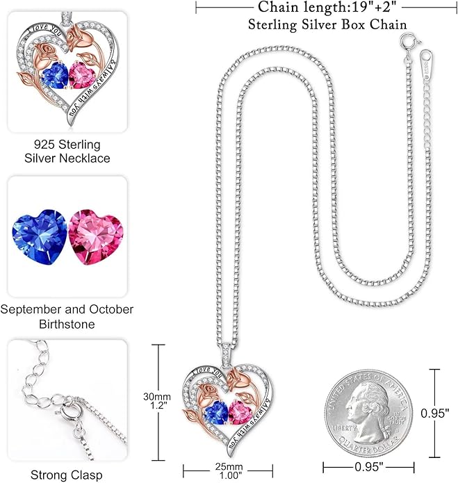 Iefil Christmas Gifts for Women Wife - 925 Sterling Silver Rose Heart Birthstone Necklace Birthday Anniversary Jewelry Gifts for Her Wife Mom Daughter