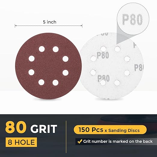 HARFINGTON 150 Pcs 5 Inch Sanding Discs, 80 Grit Hook and Loop Sandpaper, 8-Hole Aluminum Oxide Round Sanding Paper for Woodworking Automotive Metal Polishing, Red