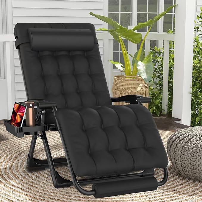 XXL Zero Gravity Lounge Chair 33", Oversized Padded Folding Recliner for Patio with Storage Bag, Removable Cushion, Footrest, Full Aluminum Lock & Large Cup Holder, Supports 500 lbs, Black