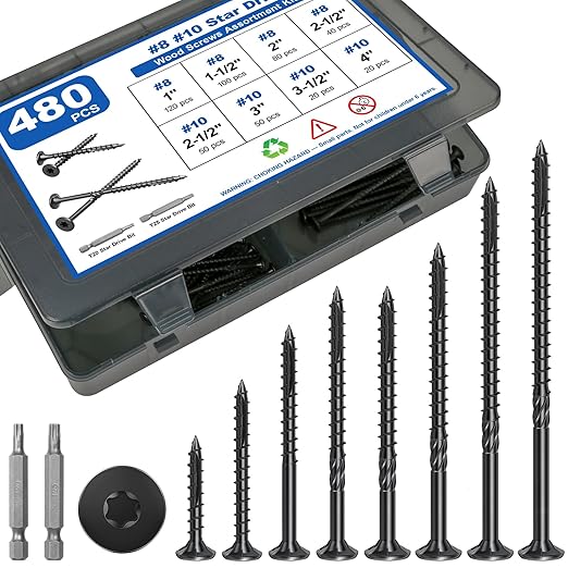 480Pcs Deck Screws, #8#10 Wood Screws Assortment Kit, 8Sizes Assorted Screw Set, Rust Resistant Torx Screws with Flat Head, Black Screw Kit for Woodworking Projects, Star Bit Included