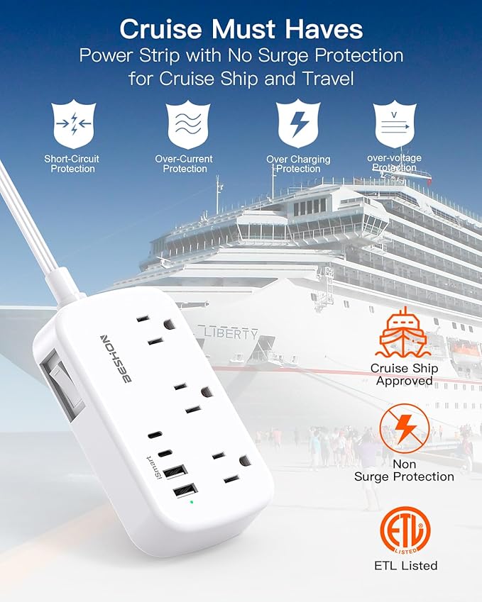 Flat Plug Extension Cord, Power Strip 25FT, 6 Outlets with 4 USB Ports(2 USB C), Wall Mount Charging Station, No Surge Protector for Home Office College Dorm Room Travel Essentials
