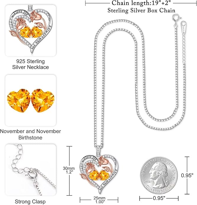 Iefil Christmas Gifts for Women Wife - 925 Sterling Silver Rose Heart Birthstone Necklace Birthday Anniversary Jewelry Gifts for Her Wife Mom Daughter
