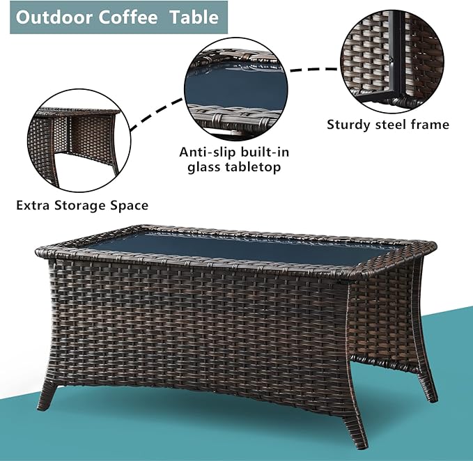 Outdoor Patio Furniture Sofa Set - 7 Piece Rattan Wicker Patio Sectional Conversation Sets with 1 Sofa,1 Loveseat,1 Coffee Table,2 Armrest Chairs and 2 Ottomans for Porch Deck Garden(Brown/Grey)