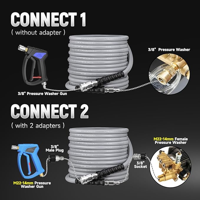 3/8" Kink Resistant Pressure Washer Hose 50FT, Swivel 3/8" Quick Connector and M22 Fitting, Supporting Up to 4200 PSI for Heavy Duty Use, Fitting Most Pressure Washers