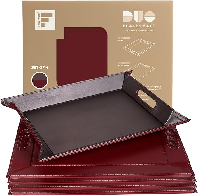 PLACEsMAT 2-in-1 Faux Leather Placemat & Serving Tray | Reversible Design, Lays Flat & Easy to Clean | Ottoman Food Tray, Perfect Housewarming Gift, 18” x 14” (Burgundy & Gunmetal, Set of 4)