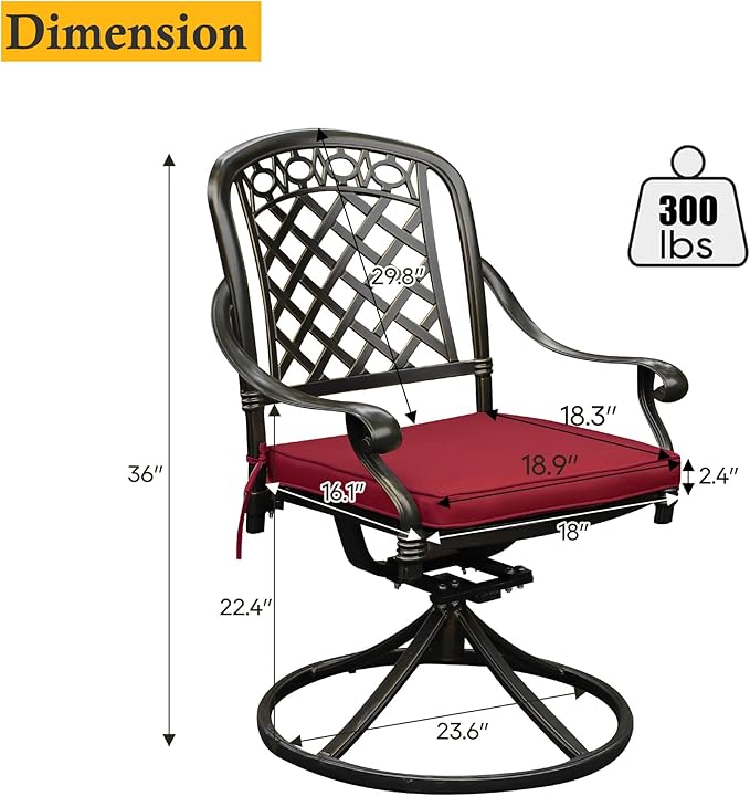 2 Piece Cast Aluminum Outdoor Swivel Dining Chairs, All-Weather Patio Swivel Rocker Chair Sets with Cushion for Garden, Backyard, Poolside, Bistro (Red, 2 Pieces)