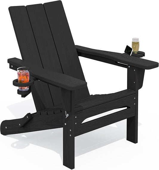 SERWALL Adirondack Chair with Dual Cup Holders, Folding Modern Adirondack Chair, HDPE Outdoor Fire Pit Chair for All Weather Using, Black