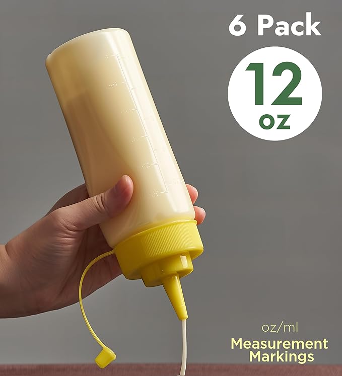 CURTA 6-Pack 12 oz Clear Squeeze Bottle with Cap, BPA-Free Easy-to-Squeeze Plastic Condiment Dispenser with oz & ml Markings for Sauce, Oil, Dressing, Dishwasher Safe, Yellow