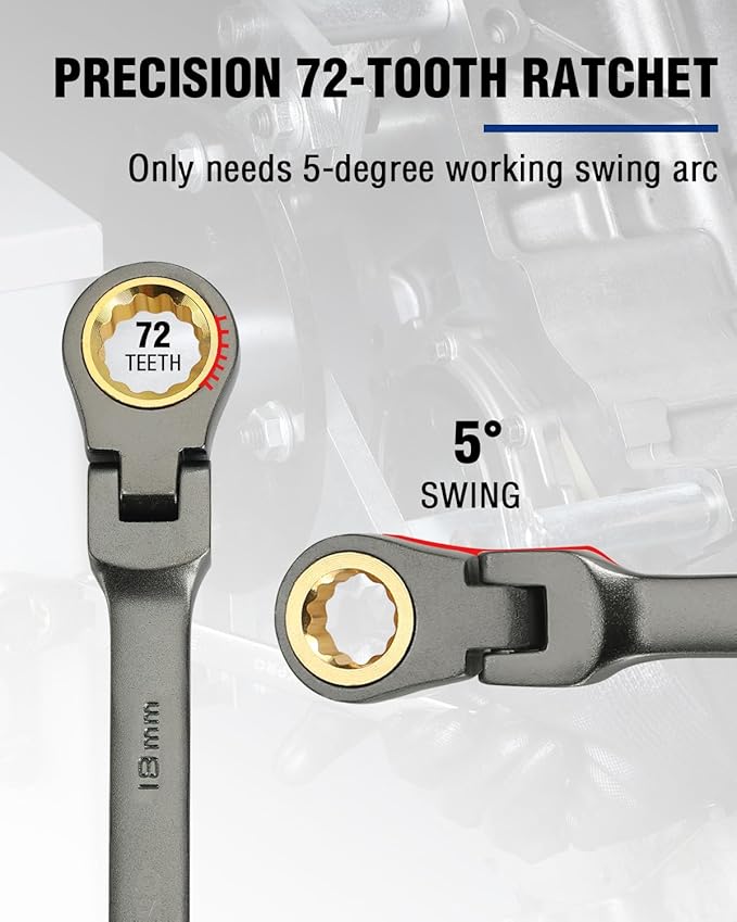 WORKPRO 18 mm Flex-Head Ratcheting Combination Wrench, Cr-V Constructed, Nickel Plating, 72-Teeth, 12 Point Design, Metric
