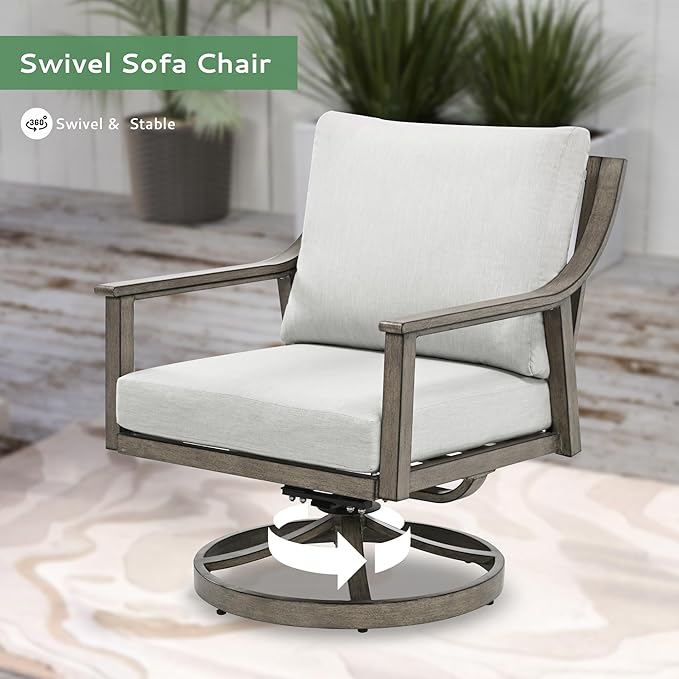 Patio Conversation Sets 4 Pieces - Aluminum 3 Seater Sofa Outdoor Furniture Sets with Thick Cushion, Coffee Table and Swivel Chairs Set of 2, Rustproof and Waterproof for Porch Deck Yard, Grey