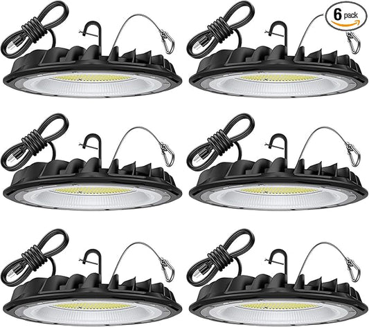 hunhun 6 Pack ETL 155W UFO LED High Bay Light, 22500lm, Daylight 5000K, US Plug,110-277V, IP65 Waterproof Commercial LED Shop Lights for Workshop Factory Barn Warehouse, Garage ETL Listed