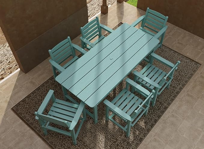 7-Piece Light Blue HDPE Patio Table and Chairs Set, Weather Resistant Outdoor HDPE Dining Table Sets with Umbrella Hole for Lawn, Garden, Deck, Poolside, Balcony
