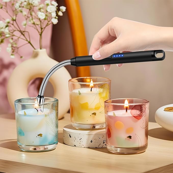 LcFun 3 Pack Electric Candle Lighter Windproof USB Rechargeable Plasma Lighter with LED Battery Display, Flameless Long Arc Lighters for Grill BBQ Camping Fireplace Stove(Black,Blue,Silver)