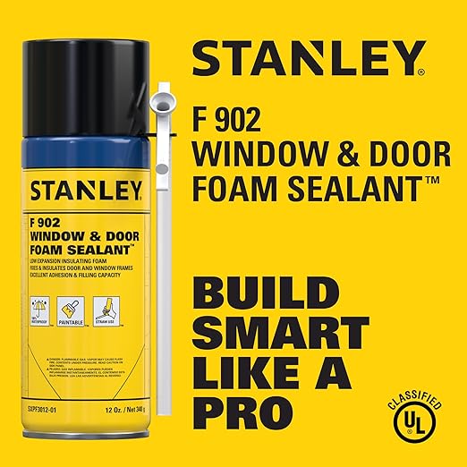 Stanley F902 Window & Door Foam Sealant (12x12 Oz.) – Low Expansion Polyurethane Insulating Spray Foam | Gaps and Cracks Filler for Window & Door Frames, Waterproof Sealant with Straw | 12 Oz. 12 Pack