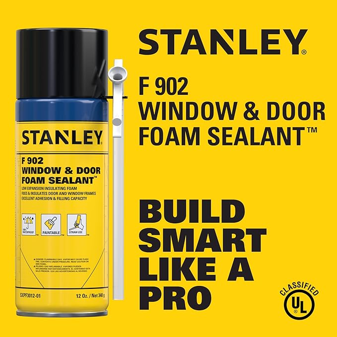 Stanley F902 Window & Door Foam Sealant (1x12 Oz.) – Low Expansion Polyurethane Insulating Spray Foam | Gaps and Cracks Filler for Window & Door Frames, Waterproof Sealant with Straw | 12 Oz. 1 Pack