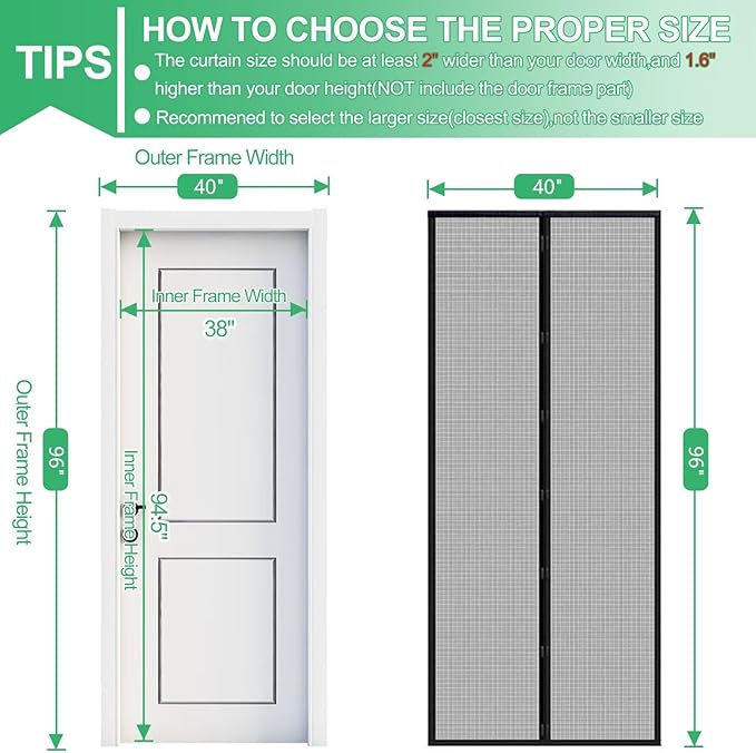 RELIANCER Fiberglass Magnetic Door Screen,Fit Door Size 38"x94.5",Auto Close Screen Door Mesh w/Magnets,Patio Doorway Net Screens,Self-Closing Doors Cover,Anti Mosquito Doorway Curtain,Mesh Partition