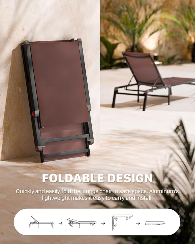 Aluminum Patio Chaise Lounge Chair Set of 2 with Side Table,5-Position Adjustable Backrest,Foldable Lounge Chair Outdoor,Pool Lounge Chairs for Poolside,Lawn,Deck,Beach (Brown, 2 Pack+Table)