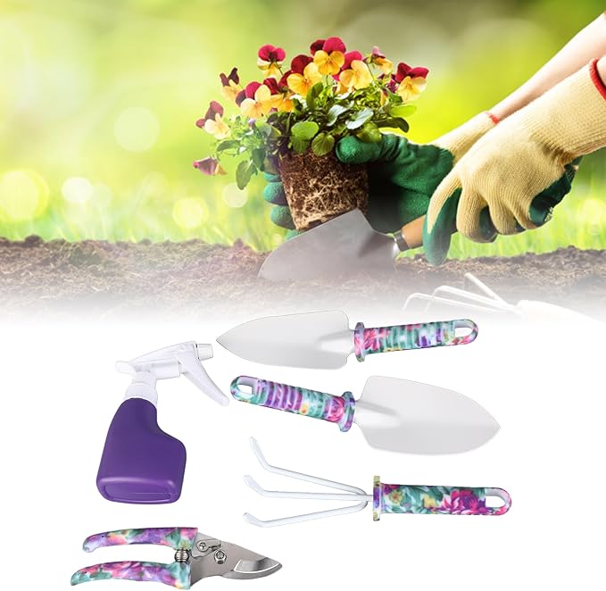 5 Piece Garden Tool Set, Includes Cultivator Rake and Shovels, Branch Scissors with Spray Can, for Indoor and Outdoor Planting, Purple Storage Container.