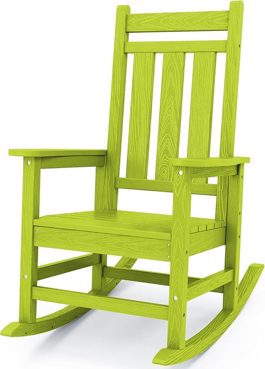 KINGYES Outdoor Rocking Chair, All-Weather Patio Rocking Chairs for Porch, HDPE Rocking Outdoor Chairs with High Back for Adult, Heavy Duty Outdoor Patio Rockers for Garden, Lawn, Apple Green