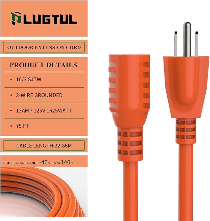 Outdoor Extension Cord 75 FT Waterproof, 16/3 Gauge Heavy Duty 3 Prong Extension Cord, 13A 1625W SJTW, ETL Listed, Great for Garden and Home, Orange