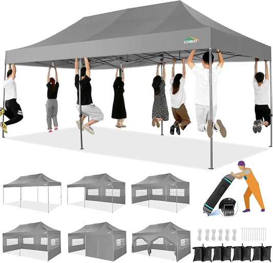 COBIZI 10x20 Heavy Duty Pop up Canopy Tent with 6 sidewalls Easy Up Commercial Outdoor Canopy Wedding Party Tents for Parties All Season Wind & Waterproof Gazebo with Roller Bag,Grey(Frame Thickened)
