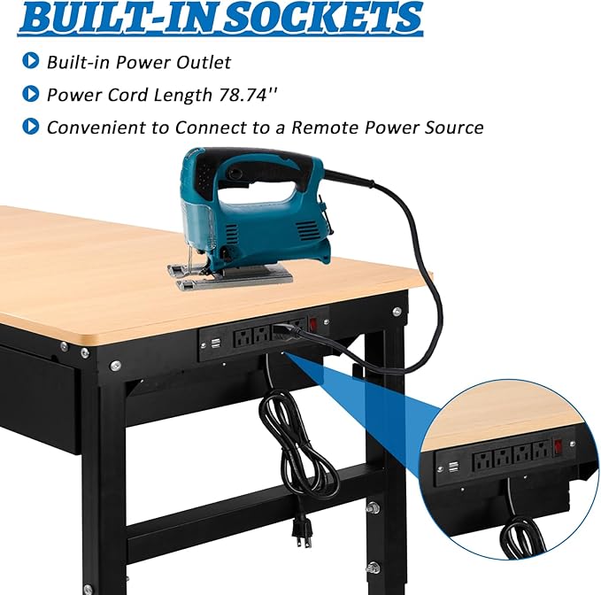Workbenche with Drawers,48'' Workbench with Power Outlet for Garage,2000 Lbs Capacity Adjustable Workbench,Heavy Duty Table for Workshop Office Home Commercial