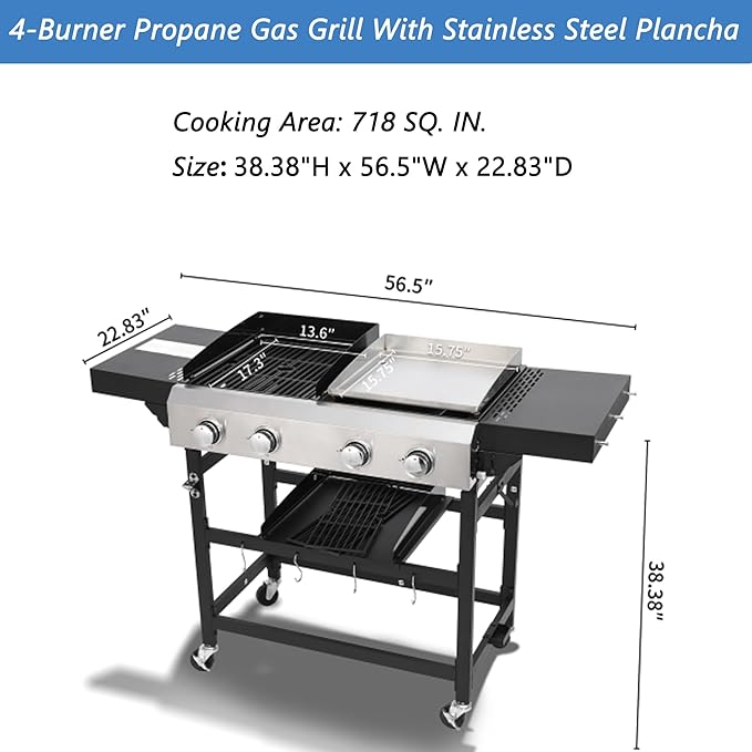 4-Burner Propane Gas BBQ Grill with Stainless Steel Plancha, 38240 BTU Output Stainless Steel Gas Grill w/Cast Iron Grating Mesh, & Foldable Side Table, Hanging Basket for Outdoor & Garden