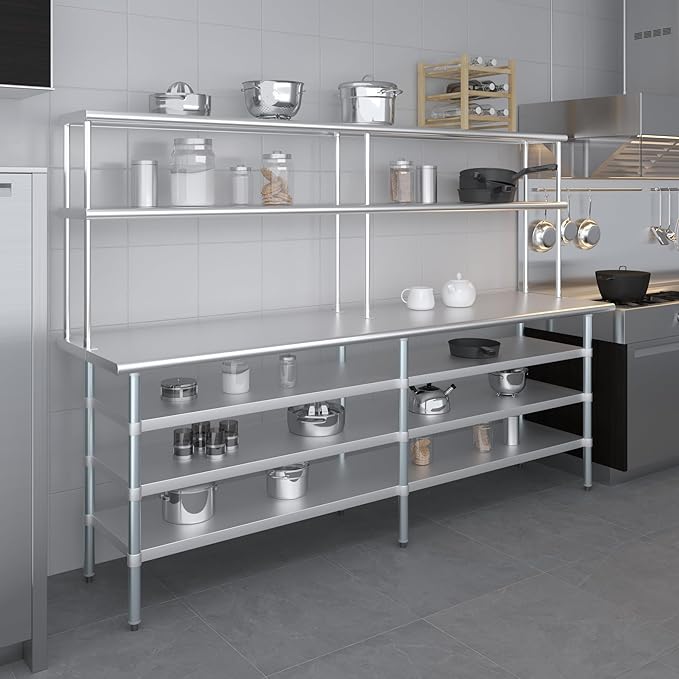Amgood 24" x 96" Stainless Steel Work Table with 3 Shelves and 12" Wide Double Tier Overshelf | Metal Kitchen Prep Table & Shelving Combo | NSF