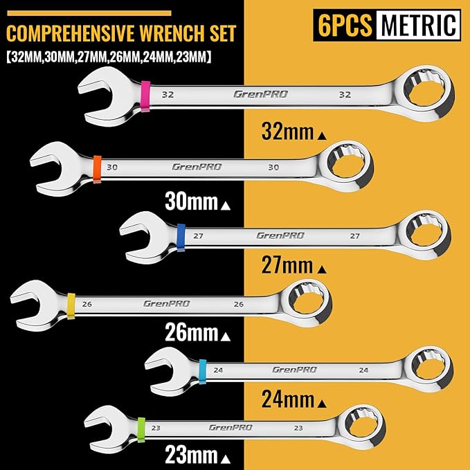 Metric Wrench Set, Large Wrench Set Metric and Standard, 7PC 23mm, 24mm, 26mm, 27mm, 30mm, 32mm Long Open End Wrench Tool Roll Up Pouch with Gauge, Combination Wrenches Sets with Color Ring