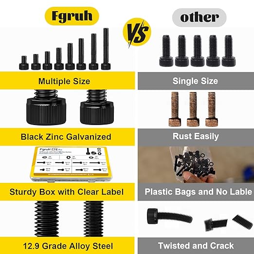 174PCS M6 Screws with Nuts Assortment Kit - M6x8/10/12/16/20/25/30/35 mm Hex Socket Head Cap Bolts with Nuts & Washers Assorted Set - 12.9 Alloy Steel Black Zinc Plated Anti-Rust Hardware Set