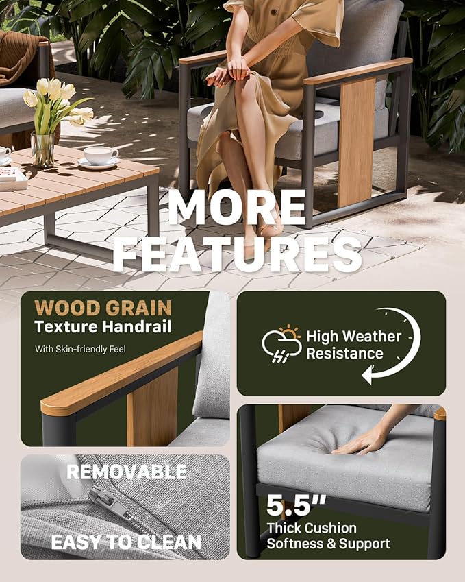 ZANDOR Aluminum Outdoor Patio Furniture Set – 3-Seat Sofa with Washable Thick Cushions,All-Weather Modern Metal Furniture for Garden,Backyard,Porch,Grey