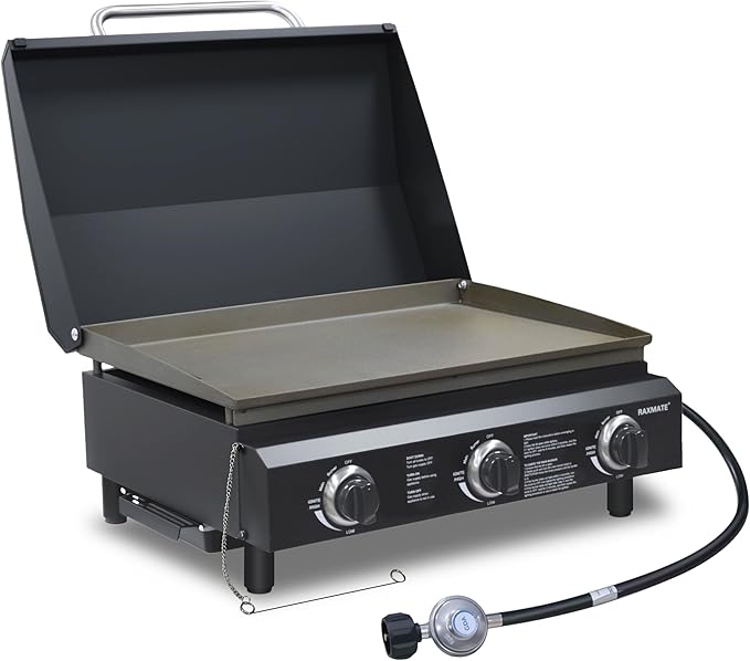 Flat Top Gas Griddle with Lid, 22 Inch 3 Burners Outdoor Portable Propane Gas Grill, 30,000 BTU Tabletop BBQ Griddle for Camping, RV, Tailgating