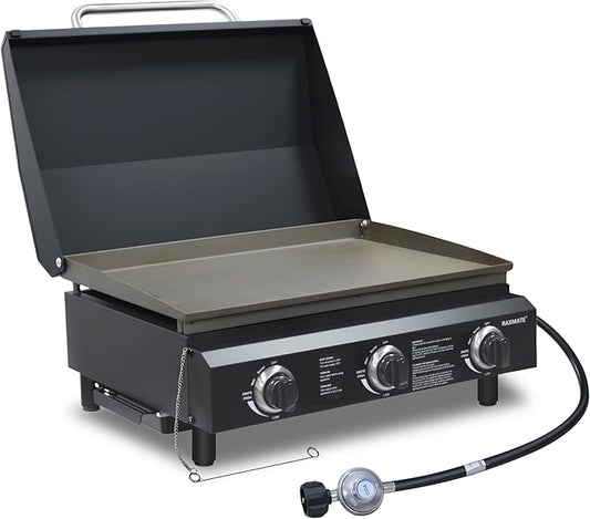Flat Top Gas Griddle with Lid, 22 Inch 3 Burners Outdoor Portable Propane Gas Grill, 30,000 BTU Tabletop BBQ Griddle for Camping, RV, Tailgating