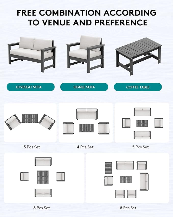 SERWALL 6 Pieces HDPE Outdoor Sofa Set with Cushions, Outdoor Conversation Couch Loveseat Furniture Set with Coffee Table for Balcony, Deck, Poolside, Grey Frame with Khaki Cushions