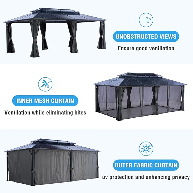 LeDoasis Nebula 12'x20' Hardtop Gazebo with Breathable Netting & Privacy Curtain, Permanent Outdoor Aluminum Patio Gazebo, Polycarbonate Double Roof Canopy, for Patio Lawn and Garden,Parties