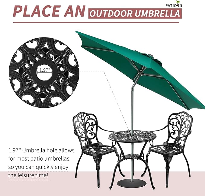 3 Piece Patio Bistro Set,Cast Aluminum Outdoor Bistro Table and Chair Set of 2 with 1.97" Umbrella Hole,All Weather Patio Furniture Set for Garden,Porch(Black)