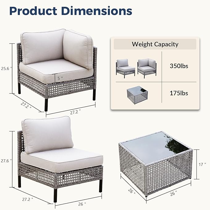 3-Piece Outdoor Modular Patio Set with 2 Armless Rattan Chairs and Glass Table, Gray PE Wicker Sectional Seating with Cushions for Balcony, Garden, Deck, Porch