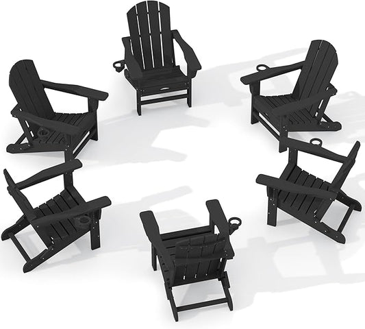 KINGYES Folding Adjustable Adirondack Chair with Retractable Ottoman Set of 6, HDPE All Weather Chair with Cup Holder - Versatile Adirondack Chair, Black