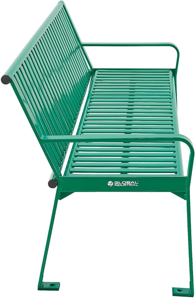 Global Industrial 4 ft. Outdoor Park Bench with Back, Vertical Steel Slat Construction, 600 lbs Capacity, Green, Unassembled, Heavy Duty Commercial Bench