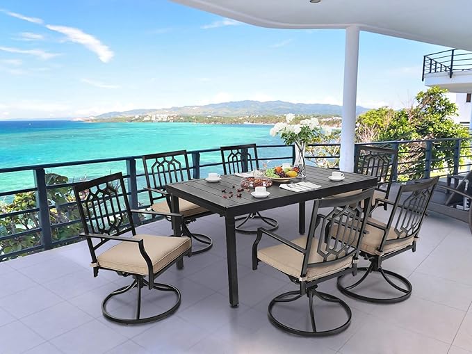 MFSTUDIO Outdoor Dining Set for 6, Patio Dining Sets with Swivel Chairs, Expandable Metal Patio Table and Chairs Set for Deck Backyard Poolside Garden