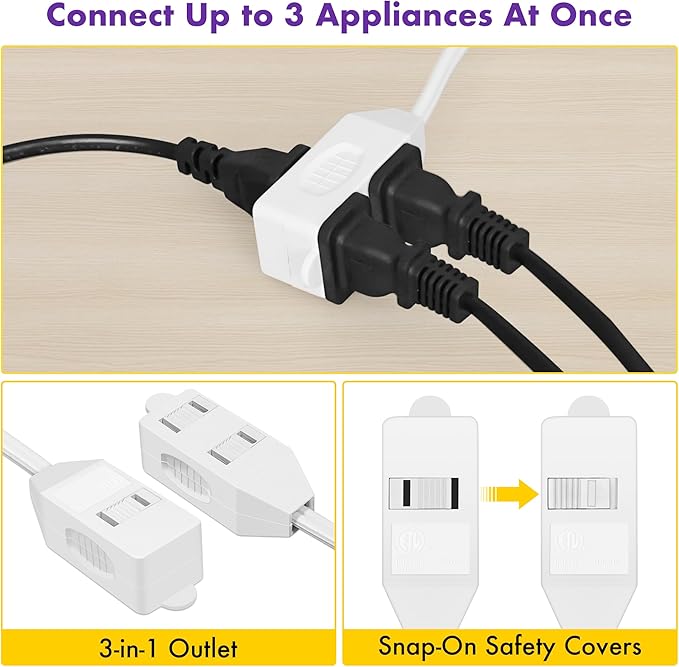 POWERCORDS [ETL Certified] 2-Pack 16 AWG 2 Prong Extension Cord, 13A 3-Outlet Indoor Extension Cord with Tamper Guard, 13 Amp, 1625 Watts, White, Available Lengths 3FT, 6FT, 10FT, 15FT (3 Feet)