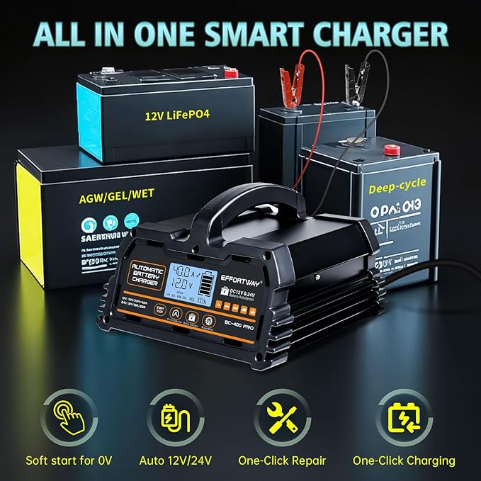 40A Battery Charger, 12V/24V Lead Acid Charger, 12V LiFePO4 Charger. Smart Battery Charger with Trickle Charge.Car Battery Maintainer with LCD Display. Suitable for Trucks,AMG,Motorcycles