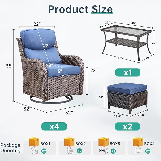 Outdoor Swivel Rocker Patio Chairs Set of 4 with Coffee Table - 5" Thick Cushion 7 Piece Furniture Set All Weather Comfortable Wicker Conversation Set for Porch Deck - Brown/Blue