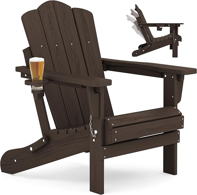 KINGYES Adjustable Folding Adirondack Chair, 3-Position Reclining Adirondack Chairs with Cup Holder, HDPE All-Weather Oversized Adirondack for Outdoor, Patio, Backyard Deck, Fire Pit, Brown
