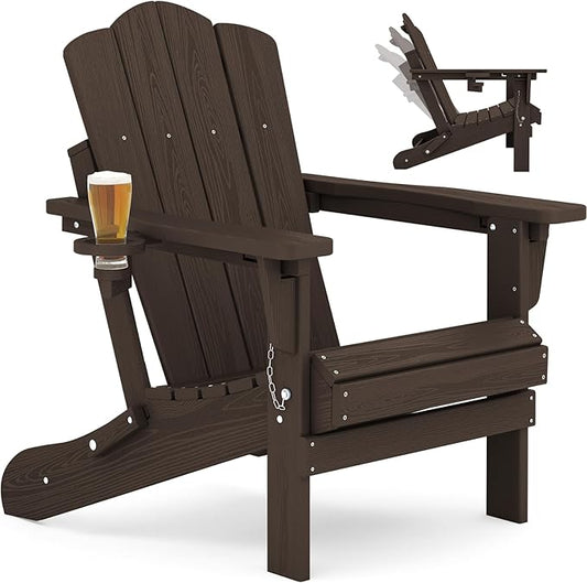 KINGYES Adjustable Folding Adirondack Chair, 3-Position Reclining Adirondack Chairs with Cup Holder, HDPE All-Weather Oversized Adirondack for Outdoor, Patio, Backyard Deck, Fire Pit, Brown