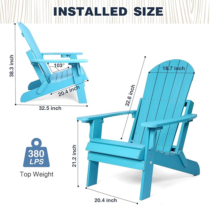 Folding Adirondack Chair, All Weather Resistant Plastic Chairs with Cup Holder, Fold or Unfold Easily in 1 Second, Outdoor Chairs for Patio, Garden, Backyard Deck, Lawn Fire Pit(Lake Blue)