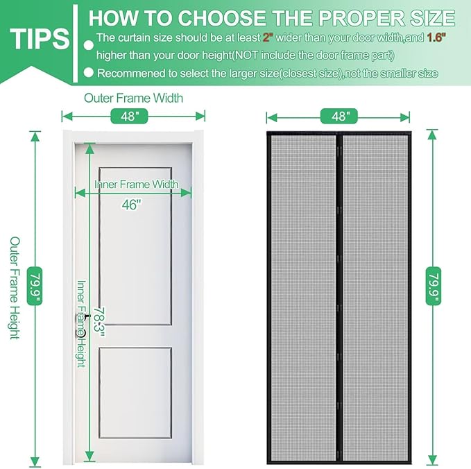 RELIANCER Fiberglass Magnetic Door Screen,Fit Door Size 46"x78",Auto Close Screen Door Mesh w/Magnets,Patio Doorway Net Screens,Self-Closing Doors Cover,Anti Mosquito Doorway Curtain,Mesh Partition